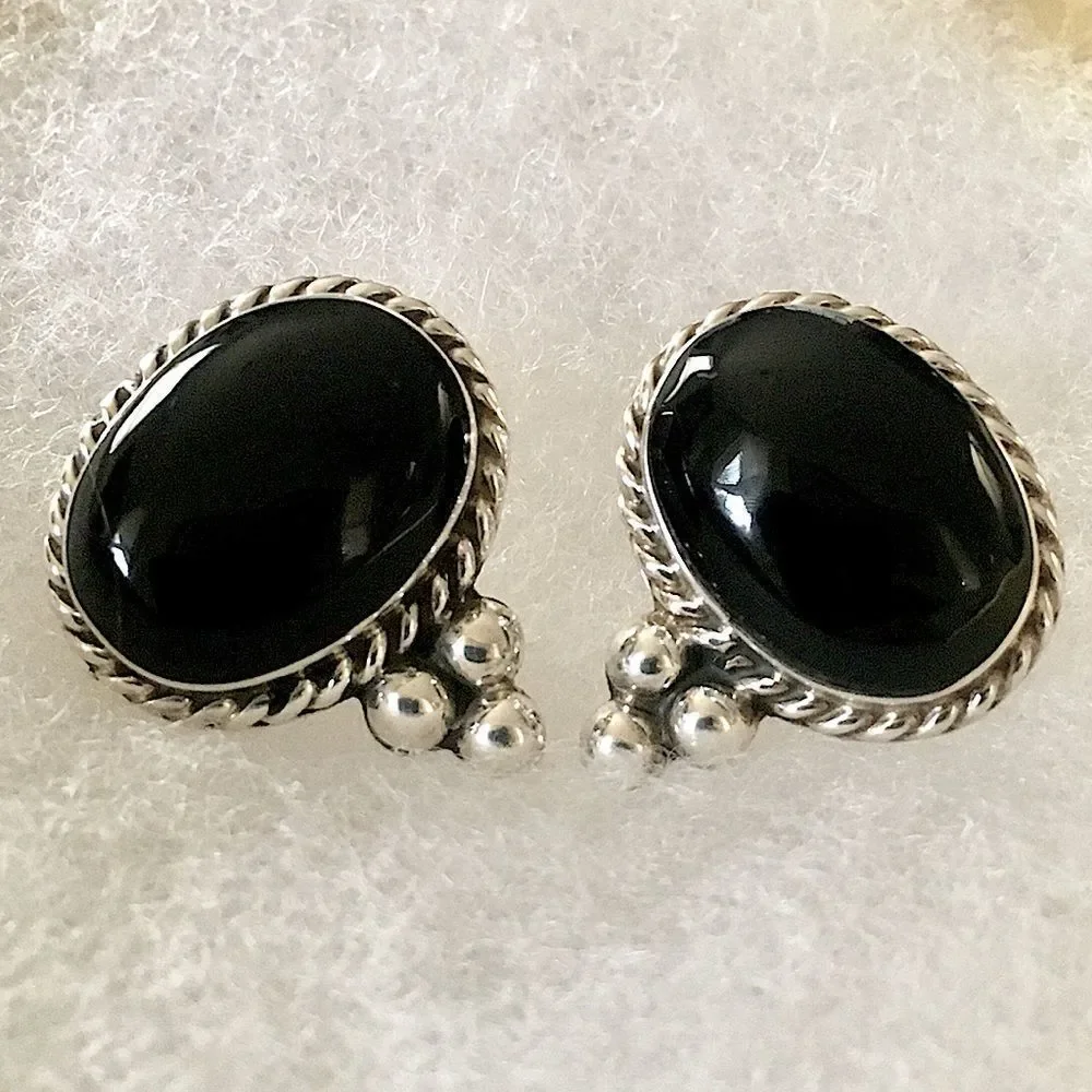 TAXCO Black Onyx Cabochon Sterling Silver Southwest Style Post Back Earrings